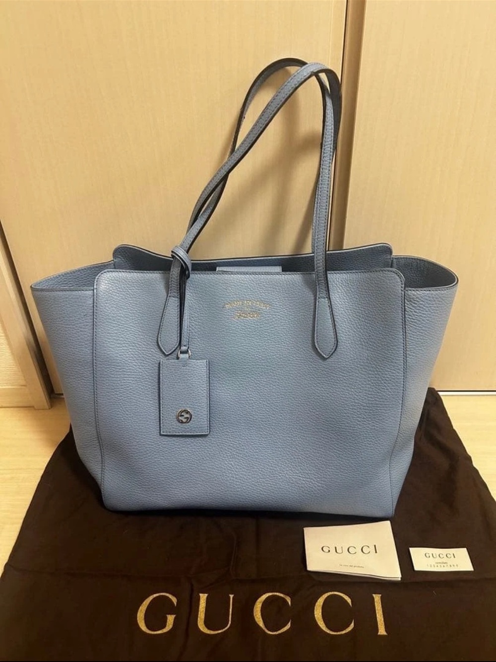 GUCCI Sky Blue Pebbled Leather Tote with Double Straps
